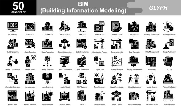 BIM building information modeling glyph iconset
