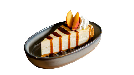 Delicious slice of cheesecake with caramel drizzle and fruit garnish isolated on transparent background