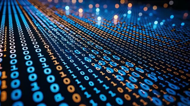 Abstract Flow of Binary Code with Glowing Blue and Orange Digital Data Streams in Futuristic Tech Background
