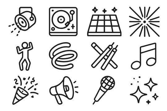 Club Night Icons. Club Night Icons linear icon set: strobe light, DJ turntable, disco floor, laser beams, dancer figure, neon swirl, glow sticks, music note, confetti, loudspeaker,