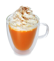Tasty pumpkin latte with whipped cream in glass cup isolated on white