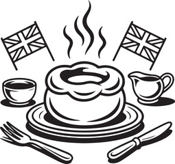 Traditional British pie meal with union jack flags and gravy