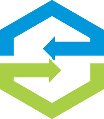 polygon colored technology logo on circle on blue and green arrow