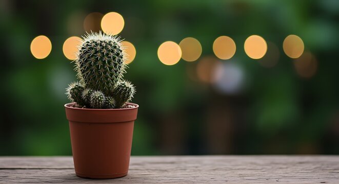 Cactus in brown pot on wooden surface with blurred lights backdrop
