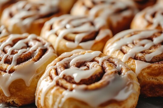 Freshly baked cinnamon rolls with creamy icing on display at a bakery during a sunny morning