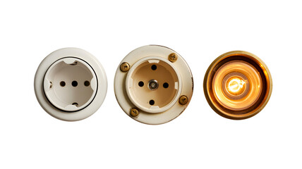 Three vintage electrical outlets and a glowing light bulb isolated on transparent background