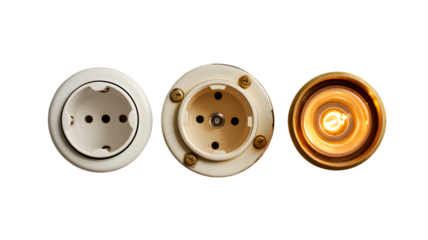 Three vintage electrical outlets and a glowing light bulb isolated on transparent background