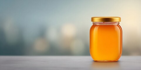 Honey jar displayed on a table kitchen environment product photography warm lighting close-up view culinary concept