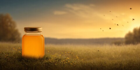 Harvesting sweetness honey jar at sunset in a serene field nature's beauty tranquil environment