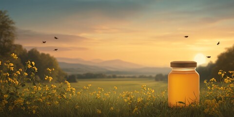 Golden honey jar amidst wildflowers at sunset nature photography tranquil landscape scenic view