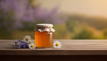 Honey jar with daisies outdoor setting food photography natural light rustic view sweetness and serenity
