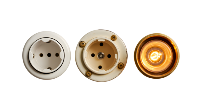 Three vintage electrical outlets and a glowing light bulb isolated on transparent background