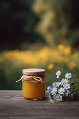 Harvesting organic honey jar outdoor garden photography natural setting close-up nature's sweetness