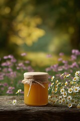 Honey jar surrounded by wildflowers in a serene garden nature photography soft focus warm tones