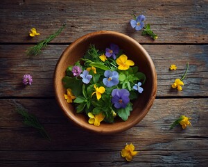 Fresh flower arrangement rustic wooden bowl nature photography cozy home setting close-up organic aesthetics