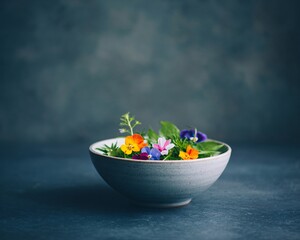 Fresh edible flower salad preparation kitchen food photography contemporary setting close-up culinary art