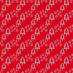 Seamless Minimal Outline Christmas Tree Pattern on Red Background.