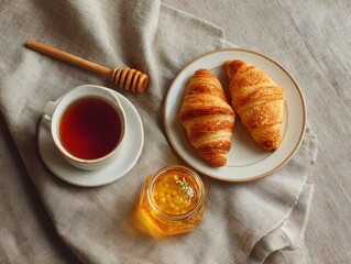 Indulging in morning delights tea croissants and honey kitchen table food photography cozy atmosphere