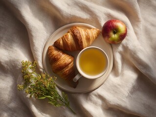 Morning delight croissants tea and apple on a cozy table home setting food photography relaxed atmosphere