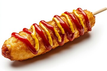 Enjoying a delicious corn dog topped with ketchup and mustard on a white background at a local fair or carnival