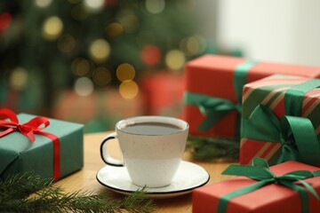 Aromatic coffee in cup, fir tree branches and gift boxes on wooden table against blurred lights,...