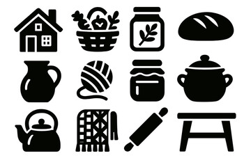 Rustic Homestead Icons. Homestead Vibes silhouette icon set: cottage house, vegetable basket, herbal jar, loaf of bread, milk jug, wool yarn, jam jar, ceramic pot, stove kettle,