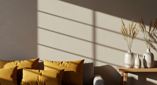 Cozy home interior with sunlight casting shadows across the wall scene