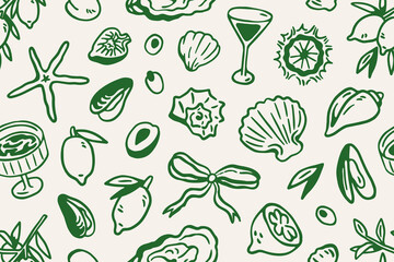 Seamless Dolce Vita pattern with hand-drawn Italian doodles, outline sketches. Mediterranean scribbles, endless background design for wrapping, textile. Repeating print, texture. Vector illustration.