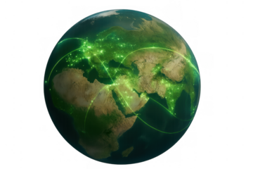 Earth globe with glowing green network lines connecting major cities, symbolizing global communication and digital technology on a transparent background