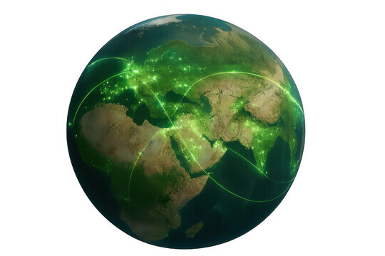 Earth globe with glowing green network lines connecting major cities, symbolizing global communication and digital technology on a transparent background