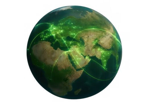 Earth globe with glowing green network lines connecting major cities, symbolizing global communication and digital technology on a transparent background - Powered by Adobe