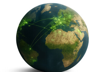 Global network connecting continents, showing digital communication over earth, data transfer lines and illuminated cities