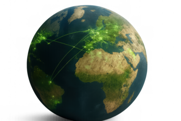 Global network connecting continents, showing digital communication over earth, data transfer lines and illuminated cities
