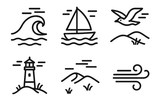 Coastal Icons. Coastal Breeze linear icon set: ocean wave, sailboat, seagull, lighthouse, sand dune, breeze lines.