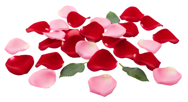 Pile of fresh red and pink rose petals with green leaves these delicate petals create a romantic and elegant scene, perfect for themes of love, beauty, and nature