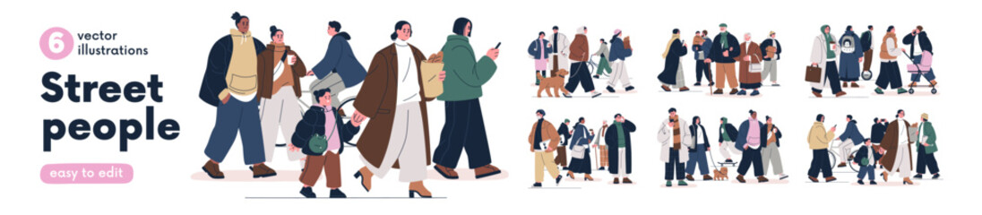 Diverse people walking on city street set. Men and women pedestrians going with phone, dog, bicycle. Groups of citizens in everyday urban life. Flat vector illustration isolated on white background.