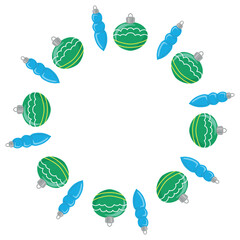 Circular frame of green Christmas baubles and blue icicle ornaments in a round arrangement. Festive vector border for holiday cards, invitations, posters, party decor, and winter design.
