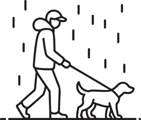 Person walking dog in the rain line art illustration