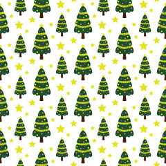 Seamless pattern with decorated Christmas trees and large yellow stars on white. Festive vector repeat for holiday textiles, wrapping paper, cards, party decor, winter backgrounds, print