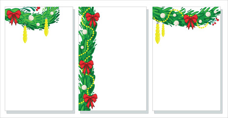 Set of Christmas card templates with garland borders: fir branches, red bows, yellow baubles, berries. Festive vector layout for holiday cards, invitations, posters, print, party, and decor.