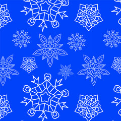 Seamless pattern with white linear snowflakes on a bright blue background. Vector winter ornament for Christmas textiles, wrapping paper, festive decor, web, and digital designs