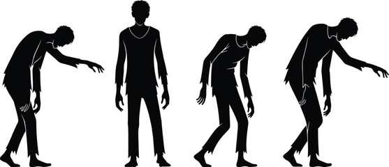 Human to Zombie Transformation Silhouette Vector – Four Poses Showing Gradual Change for Horror, Halloween, and Pop Culture Design Use