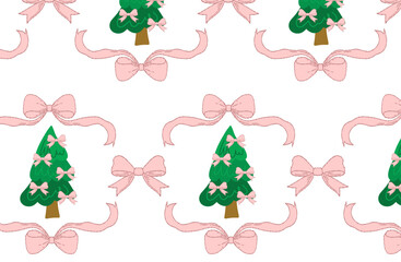 Seamless pattern with cartoon Christmas trees and pink bows on white background. Cute festive design for winter textiles, wrapping paper, kids decor, party, invitations, and digital projects