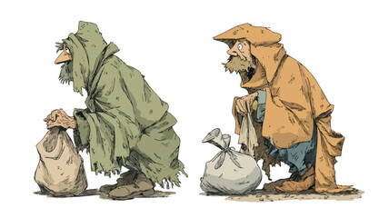 Desperate Homeless People in Tattered Rags Begging