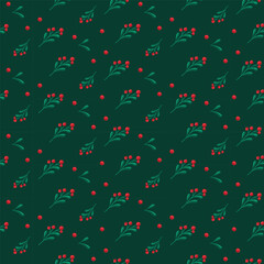 Seamless pattern with green branches, red berries, and leaves on a dark background. Elegant winter botanical ornament for Christmas textiles, wrapping paper, festive decor, web, and cards.