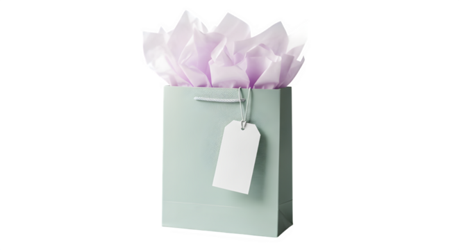 A light blue gift bag with a white tag and tissue paper, the bag is made of paper and has a ribbon handle the tissue paper is light purple