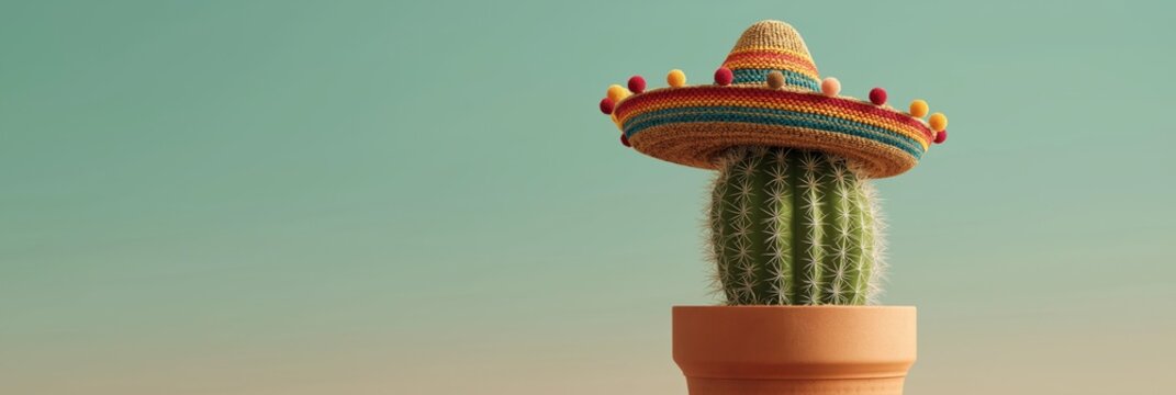 Cactus with colorful sombrero against clear sky