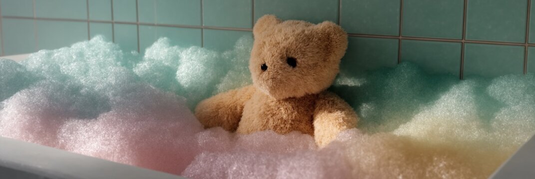 Fluffy teddy bear relaxing in bubble-filled bathtub with colorful foam