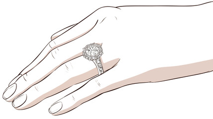 Elegant Female Hand with Engagement or Wedding Ring on Finger