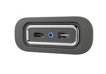 Close up of usb-c and usb-a ports on electronic device with blue indicator light isolated on transparent background